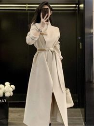 Women's Wool Blends Women White Woollen Coats Autumn Winter Korean Style Fashion Highend Cool Jacket Female Long Windbreaker Overcoat with Belt 230922