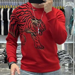 Men's Hoodies High Quality Rhinestones Personality Trend European Long Sleeve T-shirt Fall Luxury Tiger Diamond Pattern Round Neck