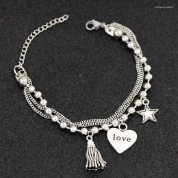 Charm Bracelets Fashion Female Sliver Color Stainless Steel Three Layers Love Heart Chain Bracelet Gift Jewelry