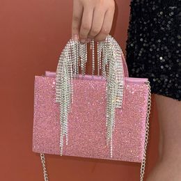 Evening Bags Tassel Box Bucket Bag Rhinestone Handbag Women Summer Diamonds Square Shoulder Clutch Sliver Purse