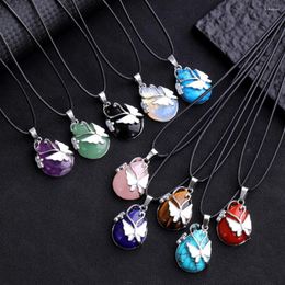 Pendant Necklaces 10pcs Waterdrop Butterfly Charms Natural Stone Green Opal Rose Quartz Necklace Healing Crystal Water Drop Jewellery Making