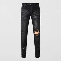 Men's Jeans High Street Fashion Men Retro Black Grey Stretch Skinny Fit Buttons Ripped Painted Designer Hip Hop Brand Pants