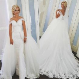 Mermaid Wedding Dresses Bridal Gown With Detachable Train Lace Applique Off The Shoulder Custom Made Beach Tulle Plus Size Vestido De Novia 403 403
