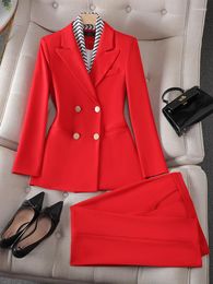 Women's Two Piece Pants Fashion Patchwork Women Pant Suit Red White Female Work Wear Formal 2 Set Office Ladies Business Jacket Blazer And