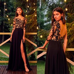 Black Celebrity Prom Dresses Sheer Jewel Neck Long Sleeve Evening Dress Sexy Blackless Girls Graduation Party Gown