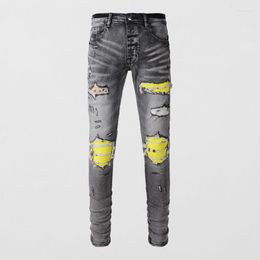 Men's Jeans High Street Fashion Men Retro Grey Stretch Skinny Fit Ripped Yellow Leather Patched Designer Hip Hop Brand Pants