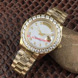 Sapphire fashion mens Watches Gold President Day-Date Big Diamonds Mother Pearl Dial Diamond Bezel Stainless Automatic mens watche279U