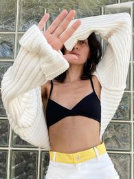 Women's Knits Tees Tossy White Women Sweater Shrugs Cropped Top Full Lantern Sleeve Knitwear Pullover Sexy Summer High Street Outwear Spring 230922