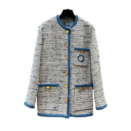 Women's Jackets AutumnWinter Design Elegant Blue Grey Mixed Colour Versatile Embroidery Gold Button Thick Tweed Men's and Women's Outwear H3R3