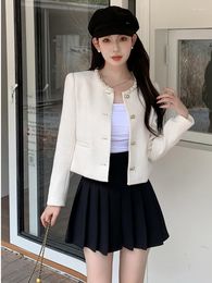 Women's Jackets Small Fragrance Elegant White Pearl Design Tweed Coats Party Jacket Clothes Female Long Sleeve Outwear Top Casaco