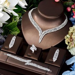 Necklace Earrings Set HIBRIDE Unique Brilliant Cubic Zirconia Wedding Jewellery For Women Geometric African Luxury Bride 4 Piece Holiday Dress