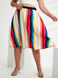 Skirts Plus Size Elegant Summer Rainbow Stripe Midi Skirt Women Casual Elastic Waist A-line Skirt Large Size Boho Swing Skirt 6XL 7XL 230923