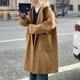 Men's Wool Blends Winter Hooded Woollen Coat Men Warm Long Oversized Korean Loose Thick Jacket Mens Thickened Trench 230922