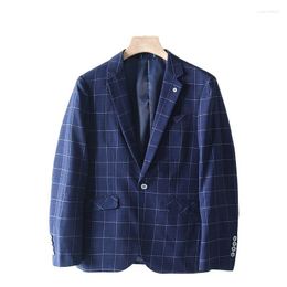 Men's Suits Dark Blue Lattice Slim Fit Casual Suit Business Gentleman Jackets For Men Summer Coat Lightweight Wedding Prom Wear Blazer