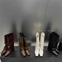 White Increase Square Toe Chunky Heel Fashion Sleeve Pantyhose Boots But Knee Pleated Thigh High Long Boots Female 100823