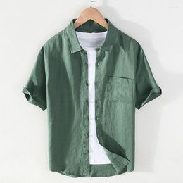 Men's Casual Shirts Summer Breathable Pure Linen Shirt Short Sleeve Button Blouses Turn Down Collarr Comfortable Beach Wear With Pocket