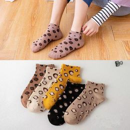 Women Socks 5 Pairs Cotton Elegant Brown Leopard Funny Sneakers Fashion Happy Casual Girls Short Ankle Slipper Sox Spring Autumn