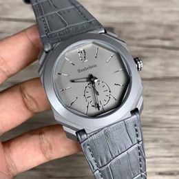 Mens watches Octagonal Grey face casual Titanium case Quartz movement Leather strap 41mm Wristwatches montre de luxe297N