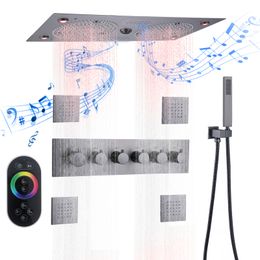Gun gray Thermostatic Shower System LED Rainfall Shower Head Bathroom Faucets Bath Mixer Music Set