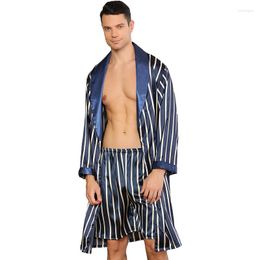 Men's Sleepwear Men Robe Sets Satin Bathrobes Shorts Pyjama Sexy Stripe Kimono Man Homewear Big Size Long Sleeve Dressing Gown