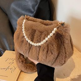 Evening Bags Pearl Beaded Women's Soft Plush Shoulder Luxury Fake Fur Female Small Tote Handbags Purse Winter Fluffy Girls Underarm