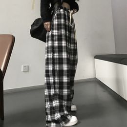 Women's Pants Capris Lucyever Harajuku Black and White Plaid Pants Women Summer Casual Wide Leg Trousers Teens Hip Hop Unisex Loose Straight Pants 230923