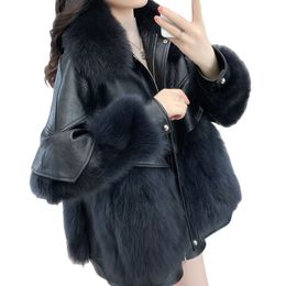 Women's faux fox fur collar PU leather thickening warm loose jacket coat SMLXLXXL