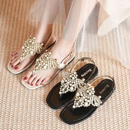 Sandals 2023 Women Summer Flat Square Toe Rhinestone Pearl Ladies Fashion Casual Comfortable Flip Flop Females