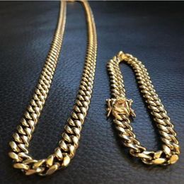 10mm Mens Cuban Miami Link Bracelet & Chain Set 14k Gold Plated Stainless Steel2940