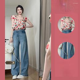 Women's Two Piece Pants Summer Salt Light Wear Small Temperament Imperial Sister Fried Street Floral Blouse Jeans Sub Two-piece Suit Female