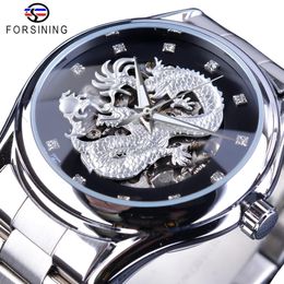 Forsining watch Classic Dragon Design Silver Stainless Steel Diamond Display Men Automatic Wrist Watches Top Brand Luxury Montre H265B