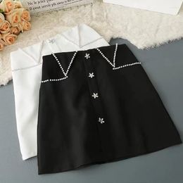 Skirts Black Flower Beaded A Line Women White High Waist Package Wrap Pencil Elegant Office Lady Spring Diamond Mini Skirt N005