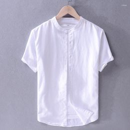 Men's Casual Shirts Mens Premium Cotton Linen Short Sleeve Japan Style Stand Collar Slim Fit Single Breasted Simple Design 4XL