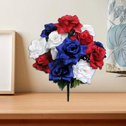 Decorative Flowers 12pc Stems Artificial Veined Satin Rose Bush Red/White/Blue Outdoor Garland For Wedding Cakes