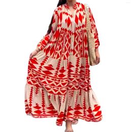 Casual Dresses Women Bohemian Long Dress Retro Sleeve Button-down Geometric Print Bohe Elegant Loose Swing For Daily