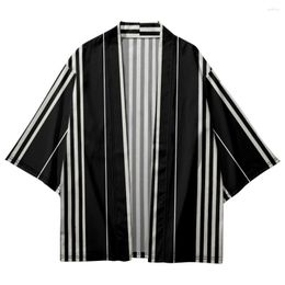 Ethnic Clothing Fashion Streetwear Stripe Print Haori Men Women Cardigan Beach Yukata Asian Clothes Japanese Cosplay Black Kimono Plus Size