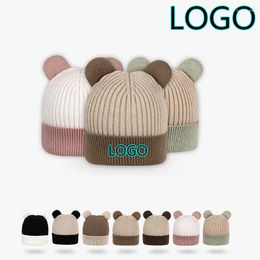 Berets Winter Custom Logo Unisex Warm Bear Ear Knitted Hat Korean Women Skullies Beanie Outdoor Black White Stripe Ski Cap