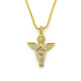 Mens Vintage Angel Wing Pendant Rope Chain 18K Gold Plated Iced Out Necklace 24 Inch Long1690