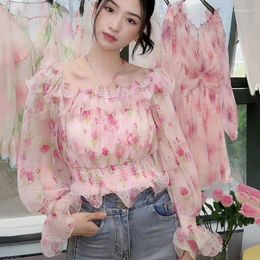 Women's Blouses One Line Collar Chiffon Shirt For Women Spring/Summer Fairy Top Sweet Girls Waist Wrapped Flare Sleeve Ruffle Blouse