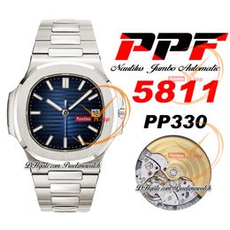 PPF Jumbo 5811 PP330 Automatic Mens Watch 41mm Blue Textured Dial Stick Markers Stainless Steel Bracelet Super Version Edition Puretime TH:8.2mm