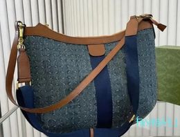 DenimLarge Vintage Crossbody Shop Bag Half Moon Bags Women Handbag Canvas Leather Shoulder Purse Blue Red Stripe