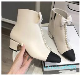 White Fashion Leather Pearl Chain TasselBoots Chunky Heel SolidColor Short Boots Autumn Winter Classic Color Blocking Wamen