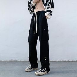 Men's Pants Men Cargo Harajuku Style Straight Loose Casual Male Solid Big Pockets Zipper Wide Leg Design Trousers