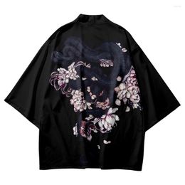 Ethnic Clothing Fashion Cardigan Men Women Beach Kimono Japanese Streetwear Style Snake Flowers Print Summer Black Haori Yukata Harajuku