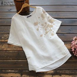 Women's Blouses Shirts ZANZEA Summer Vintage Embroidery Blouse Women Short Sleeve Cotton Linen Shirts Female O Neck Blusas Chemis S- Tunic Tops 230923