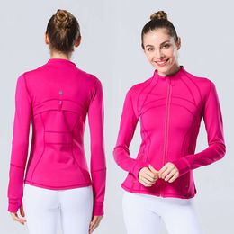 lu-198 Womens Yoga Jacket Long Sleeves Outfit Solid Color Back Zipper Gym Jackets Shaping Waist Tight Fitness Outfit Sportswear