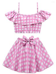 Casual Dresses Women's Summer Skirt Outfits Plaid Print Ruffled Camisole Tops High Waist Mini A-line With Bowknot