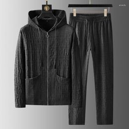 Men's Tracksuits High-end Casual Suit Trend Plaid Jacquard Thin Section Long Sleeve Lapel Cardigan Hooded Two-piece Clothing