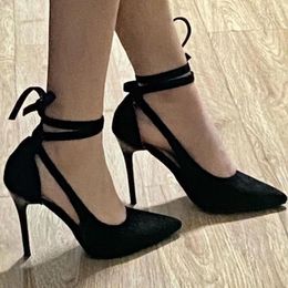 Dress Shoes Women's Black Plus Size High Heels Sexy Cross Straps Pointed Light Tone Cotton Wedding Bride Women