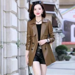 Women's Leather 2023 Autumn Women Mid-Length Coat Femlae Temperament Slim Large Size Jacket Fashion Solid Color Trench